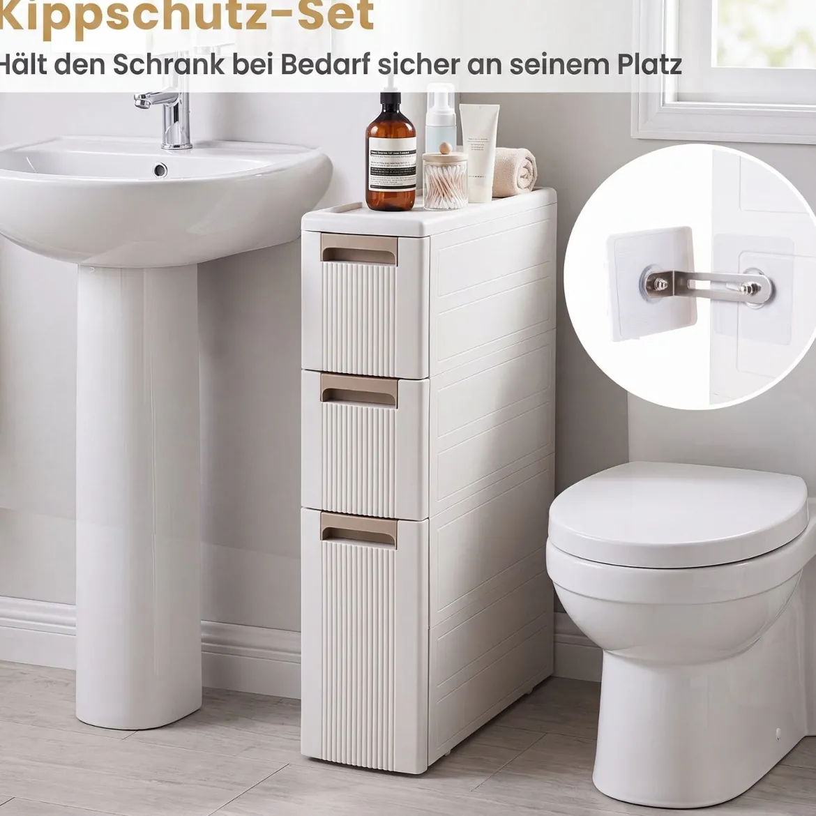 Nischenschrank Schmal mit Rollen & 3 Schubladen Badrollwagen 18 x 45,5 x 76 cm Beige