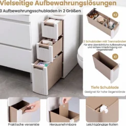 Nischenschrank Schmal mit Rollen & 3 Schubladen Badrollwagen 18 x 45,5 x 76 cm Beige