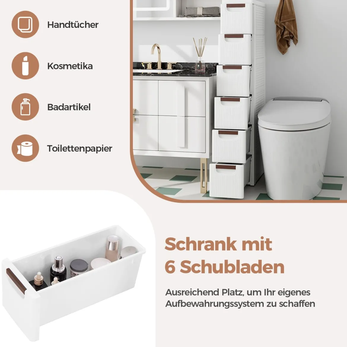 Nischenschrank schmal mit Rollen Nischenregal 20cm breit Nischenwagen mit 4 Schubladen Weiß (6 Schubladen)