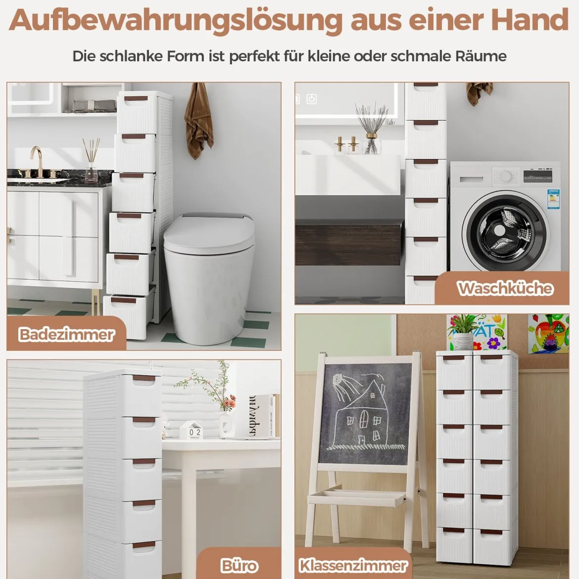 Nischenschrank schmal mit Rollen Nischenregal 20cm breit Nischenwagen mit 4 Schubladen Weiß (6 Schubladen)