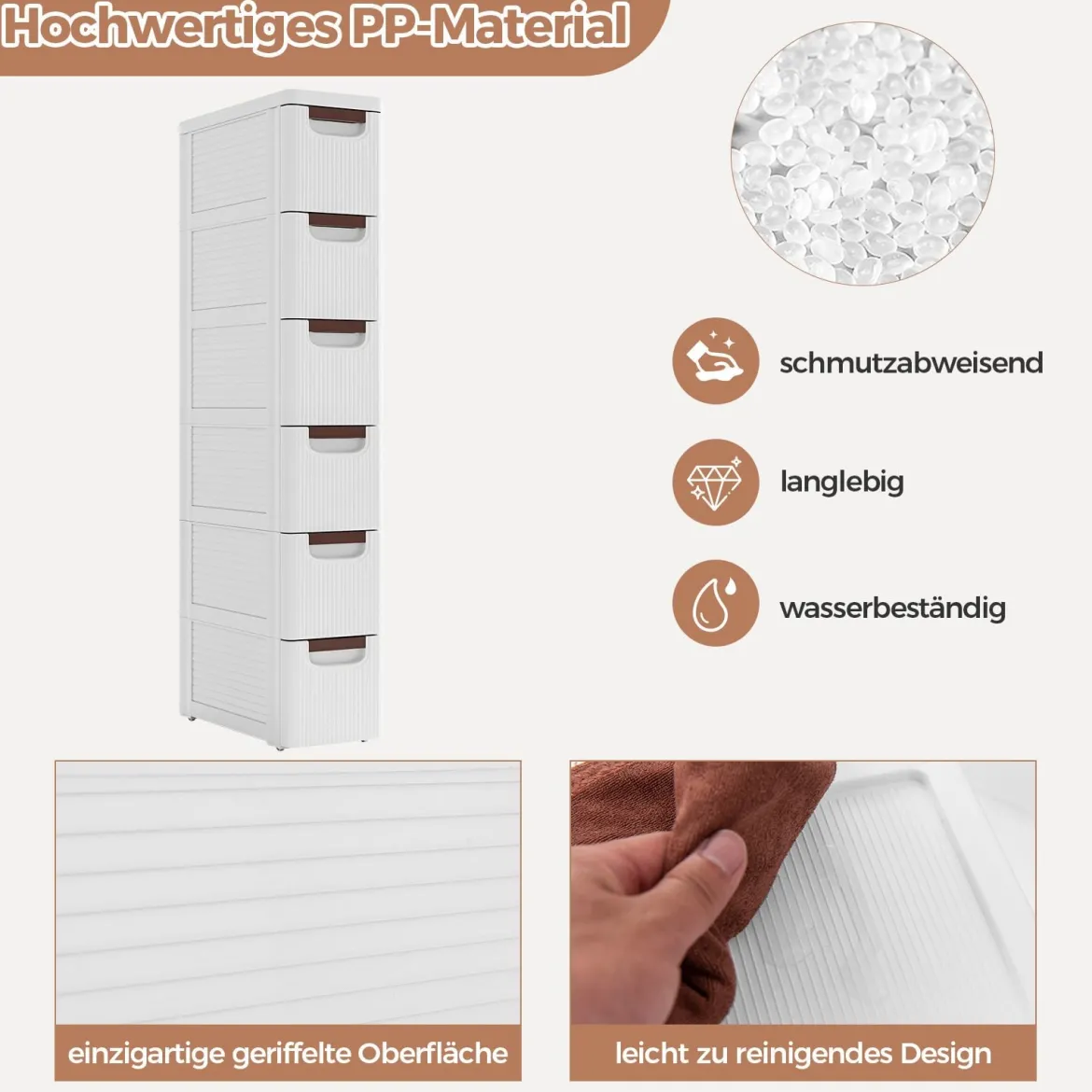 Nischenschrank schmal mit Rollen Nischenregal 20cm breit Nischenwagen mit 4 Schubladen Weiß (6 Schubladen)