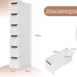 Nischenschrank schmal mit Rollen Nischenregal 20cm breit Nischenwagen mit 4 Schubladen Weiß (6 Schubladen)