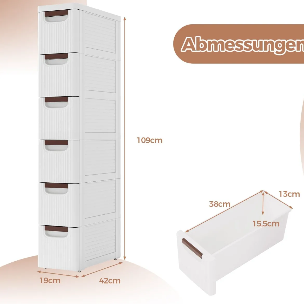 Nischenschrank schmal mit Rollen Nischenregal 20cm breit Nischenwagen mit 4 Schubladen Weiß (6 Schubladen)