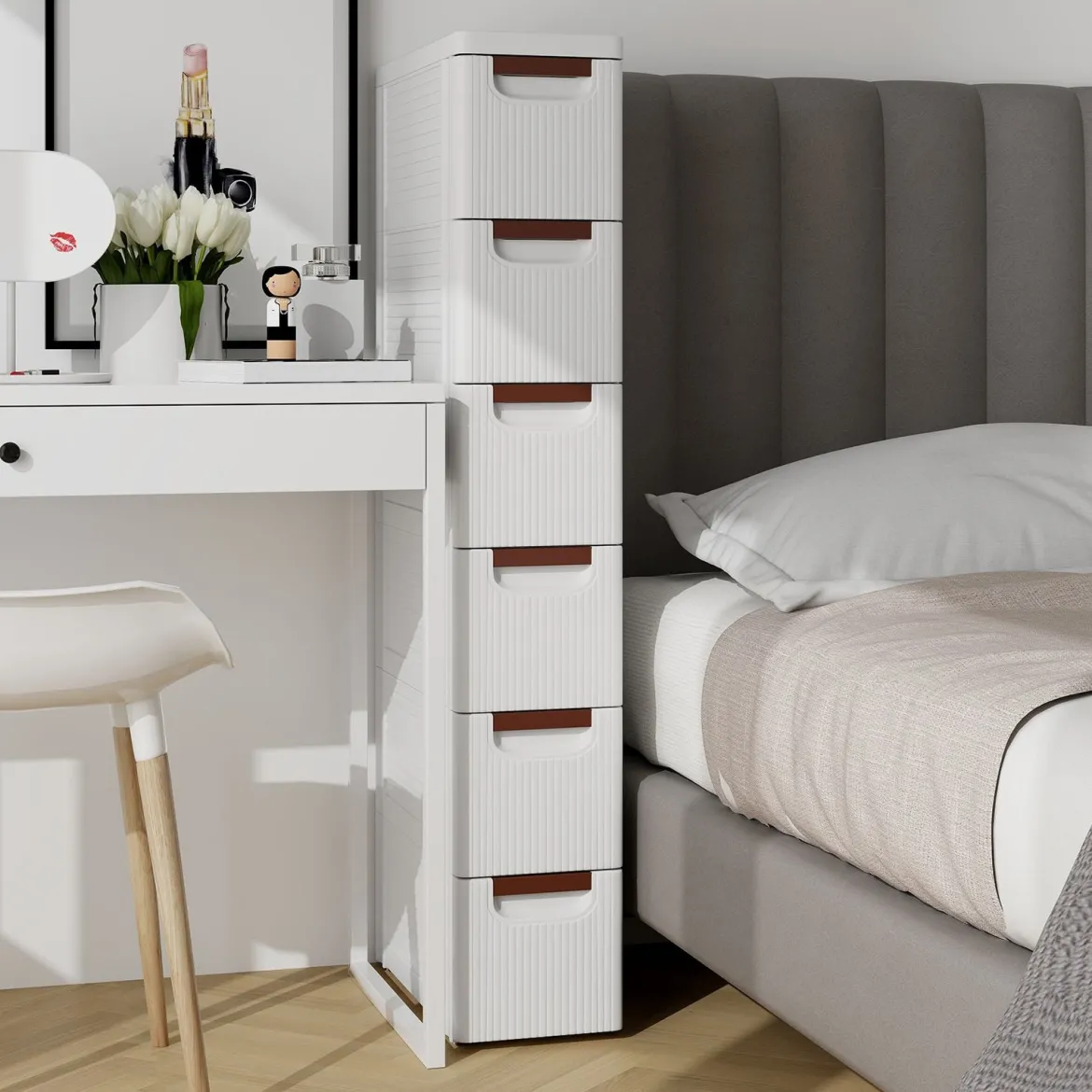 Nischenschrank schmal mit Rollen Nischenregal 20cm breit Nischenwagen mit 4 Schubladen Weiß (6 Schubladen)