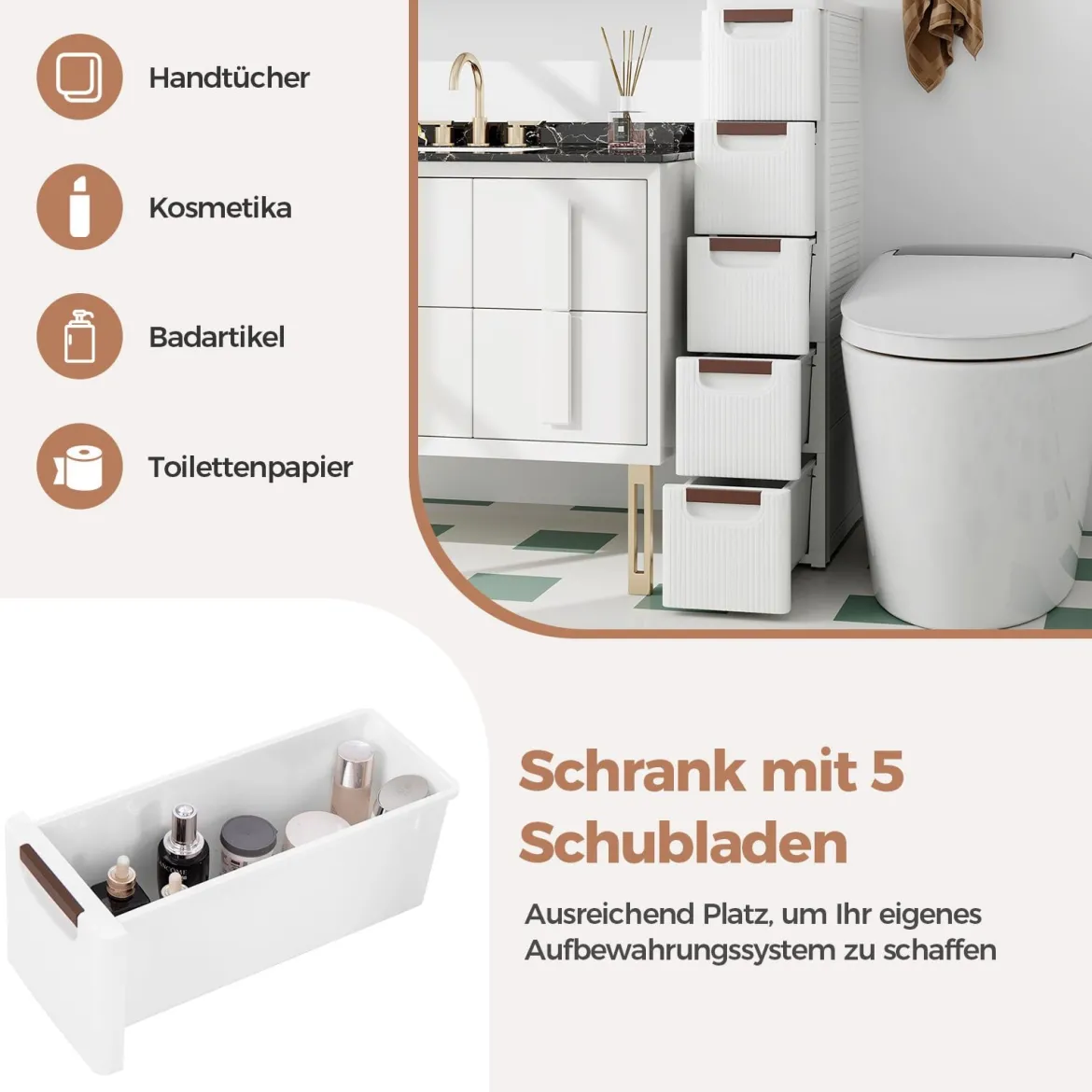 Nischenschrank schmal mit Rollen Nischenregal 20cm breit Badrollwagen Weiß (5 Schubladen)