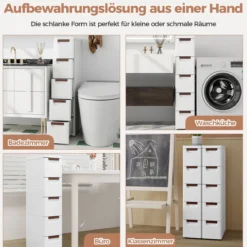 Nischenschrank schmal mit Rollen Nischenregal 20cm breit Badrollwagen Weiß (5 Schubladen)