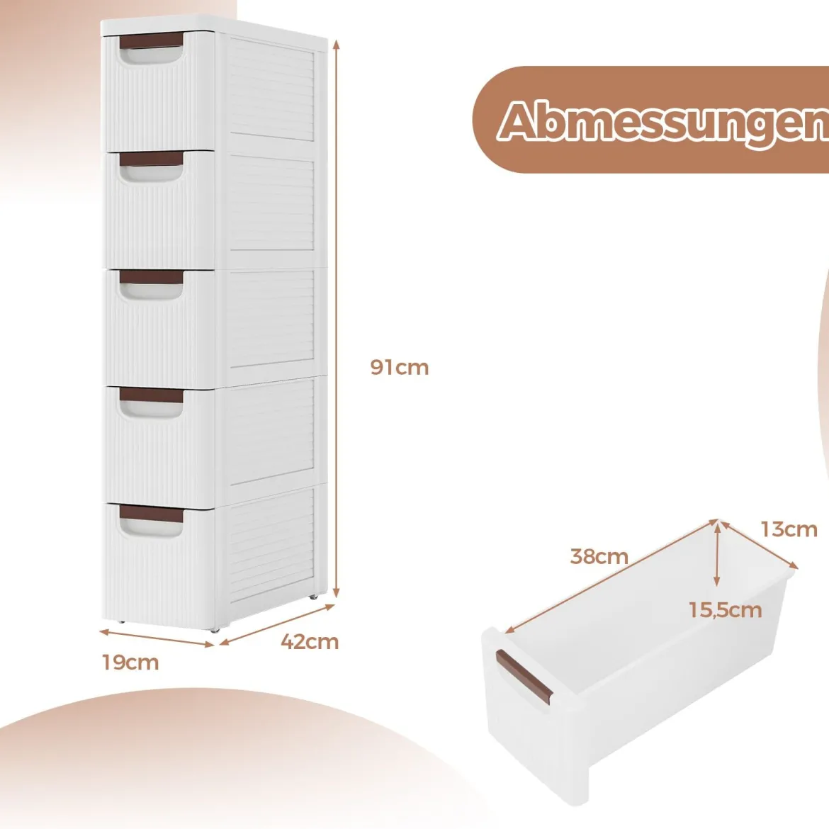 Nischenschrank schmal mit Rollen Nischenregal 20cm breit Badrollwagen Weiß (5 Schubladen)