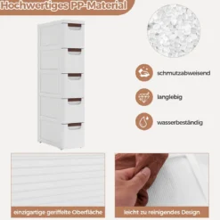 Nischenschrank schmal mit Rollen Nischenregal 20cm breit Badrollwagen Weiß (5 Schubladen)