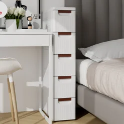 Nischenschrank schmal mit Rollen Nischenregal 20cm breit Badrollwagen Weiß (5 Schubladen)