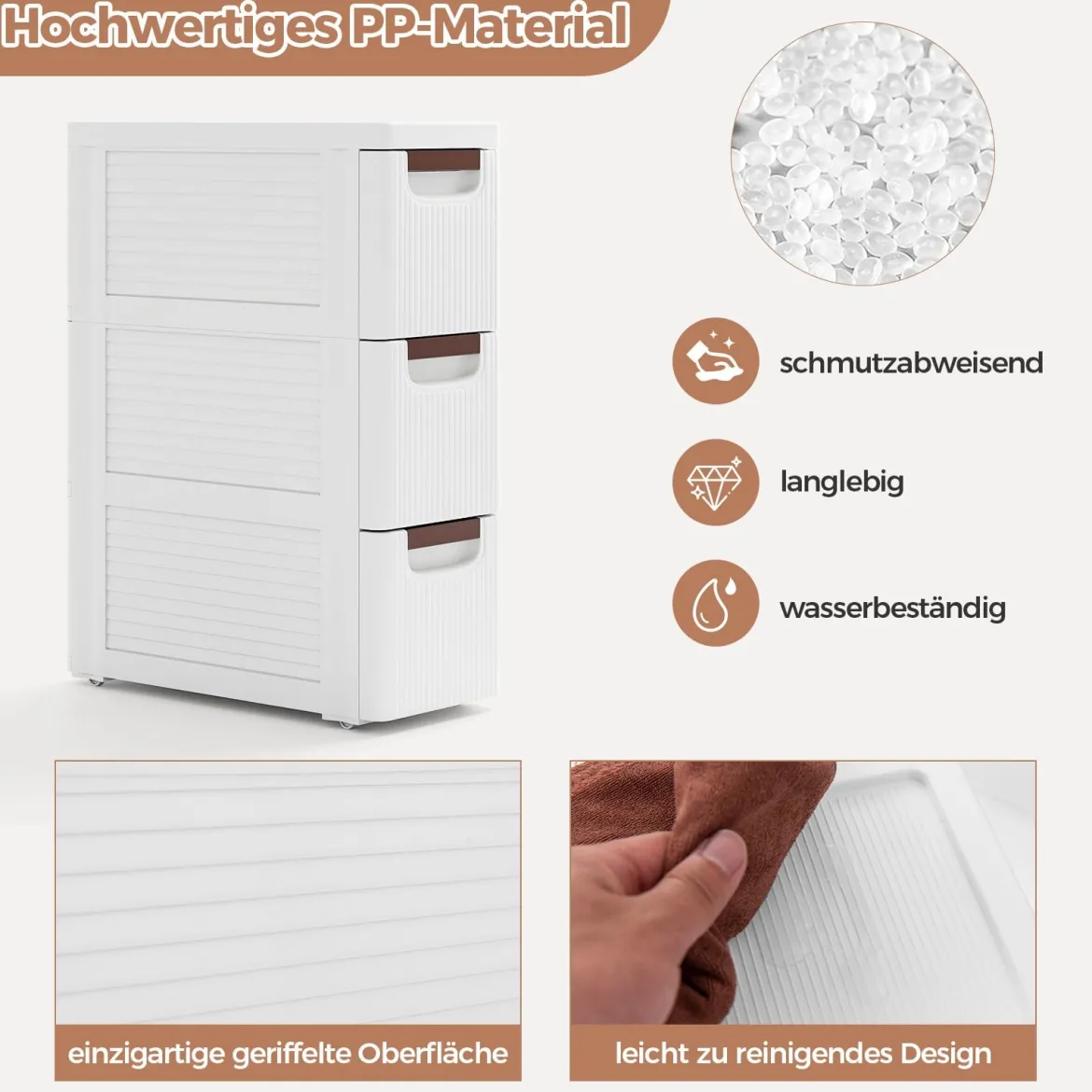 Nischenschrank schmal mit Rollen Nischenregal 20cm breit Nischenwagen mit 4 Schubladen Weiß (3 Schubladen)