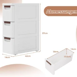 Nischenschrank schmal mit Rollen Nischenregal 20cm breit Nischenwagen mit 4 Schubladen Weiß (3 Schubladen)