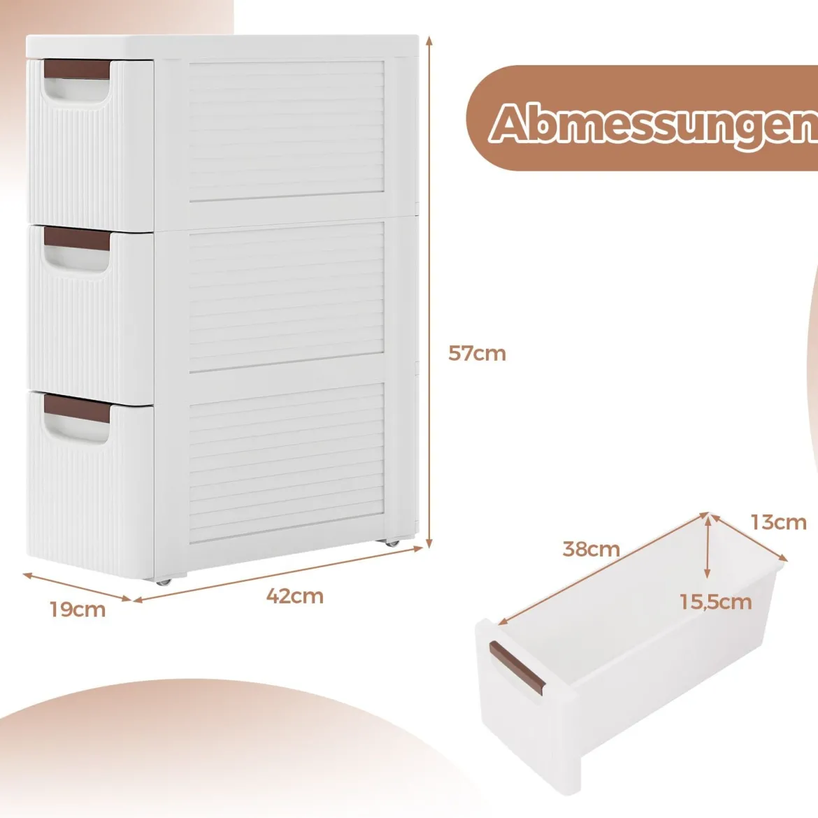 Nischenschrank schmal mit Rollen Nischenregal 20cm breit Nischenwagen mit 4 Schubladen Weiß (3 Schubladen)