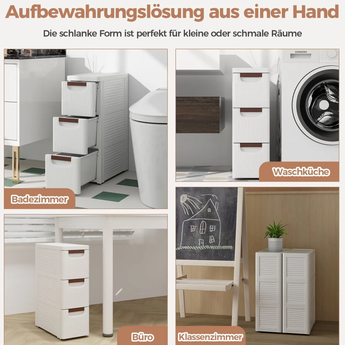 Nischenschrank schmal mit Rollen Nischenregal 20cm breit Nischenwagen mit 4 Schubladen Weiß (3 Schubladen)