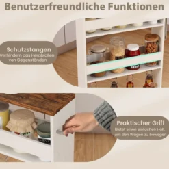 Nischenwagen 13cm breit 4 Etagen Küchenwagen schmal Nischenregal auf Rollen 48 x 13 x 81 cm Braun+Weiß