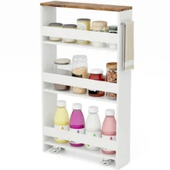 Nischenwagen 13cm breit 4 Etagen Küchenwagen schmal Nischenregal auf Rollen 48 x 13 x 81 cm Braun+Weiß