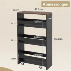 Nischenwagen 20cm breit 4 Etagen Küchenwagen schmal Nischenregal auf Rollen 47,5 x 20 x 80,5 cm
