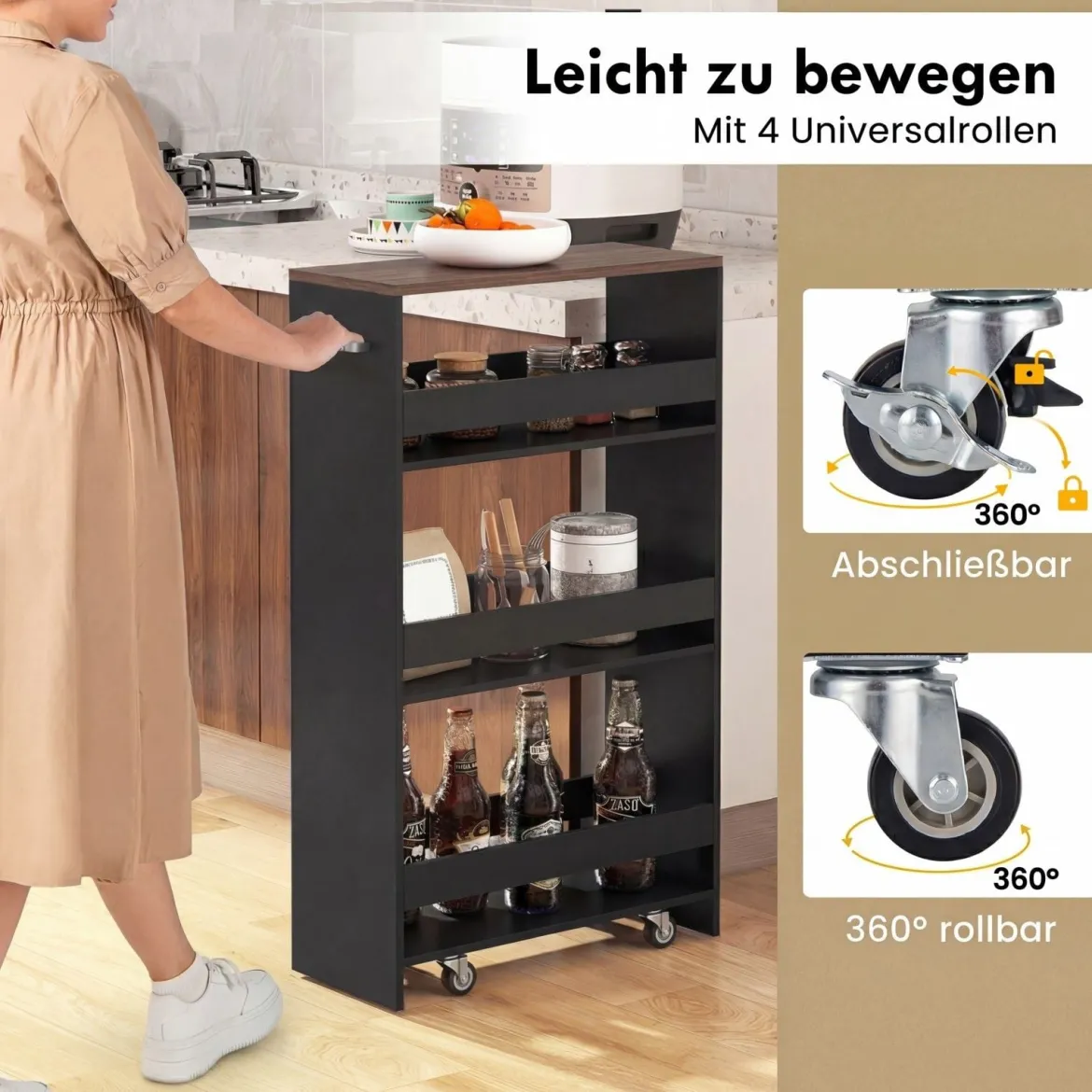 Nischenwagen 20cm breit 4 Etagen Küchenwagen schmal Nischenregal auf Rollen 47,5 x 20 x 80,5 cm