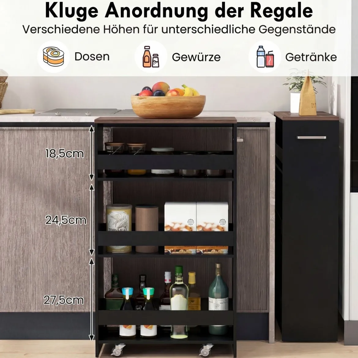 Nischenwagen 20cm breit 4 Etagen Küchenwagen schmal Nischenregal auf Rollen 47,5 x 20 x 80,5 cm