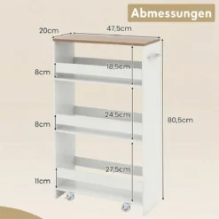 Nischenwagen 20cm breit 4 Etagen Küchenwagen schmal Nischenregal auf Rollen 47,5 x 20 x 80,5 cm