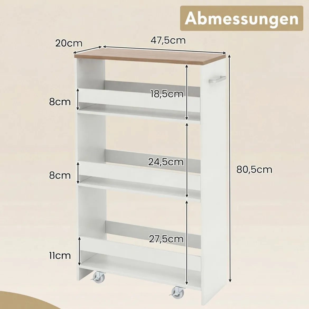 Nischenwagen 20cm breit 4 Etagen Küchenwagen schmal Nischenregal auf Rollen 47,5 x 20 x 80,5 cm