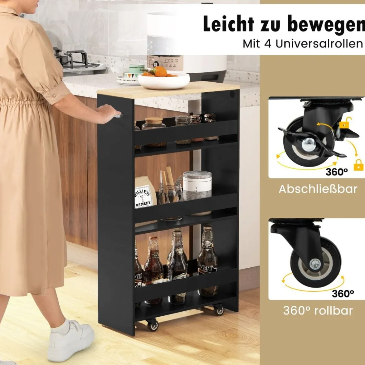 Nischenwagen 20cm breit 4 Etagen Küchenwagen schmal Nischenregal auf Rollen 47,5 x 20 x 80,5 cm