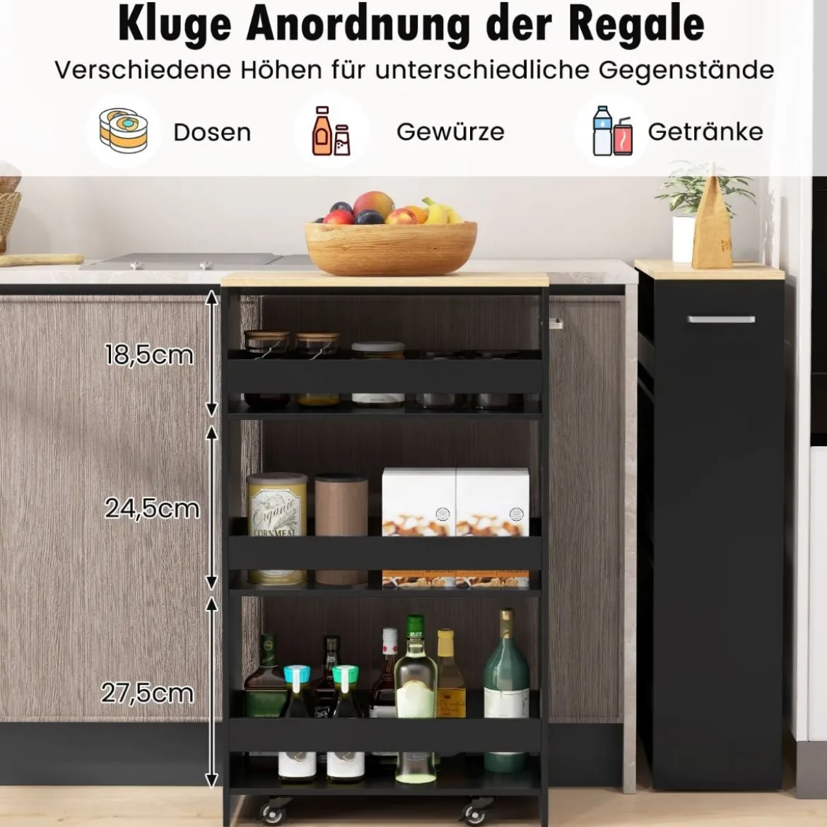 Nischenwagen 20cm breit 4 Etagen Küchenwagen schmal Nischenregal auf Rollen 47,5 x 20 x 80,5 cm