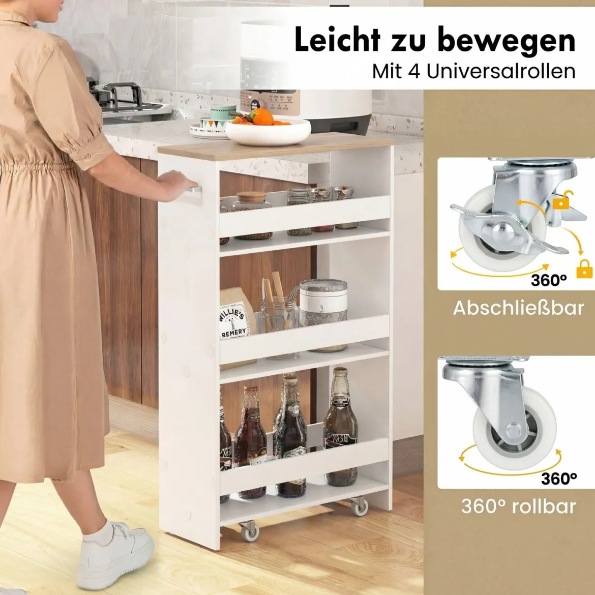 Nischenwagen 20cm breit 4 Etagen Küchenwagen schmal Nischenregal auf Rollen 47,5 x 20 x 80,5 cm