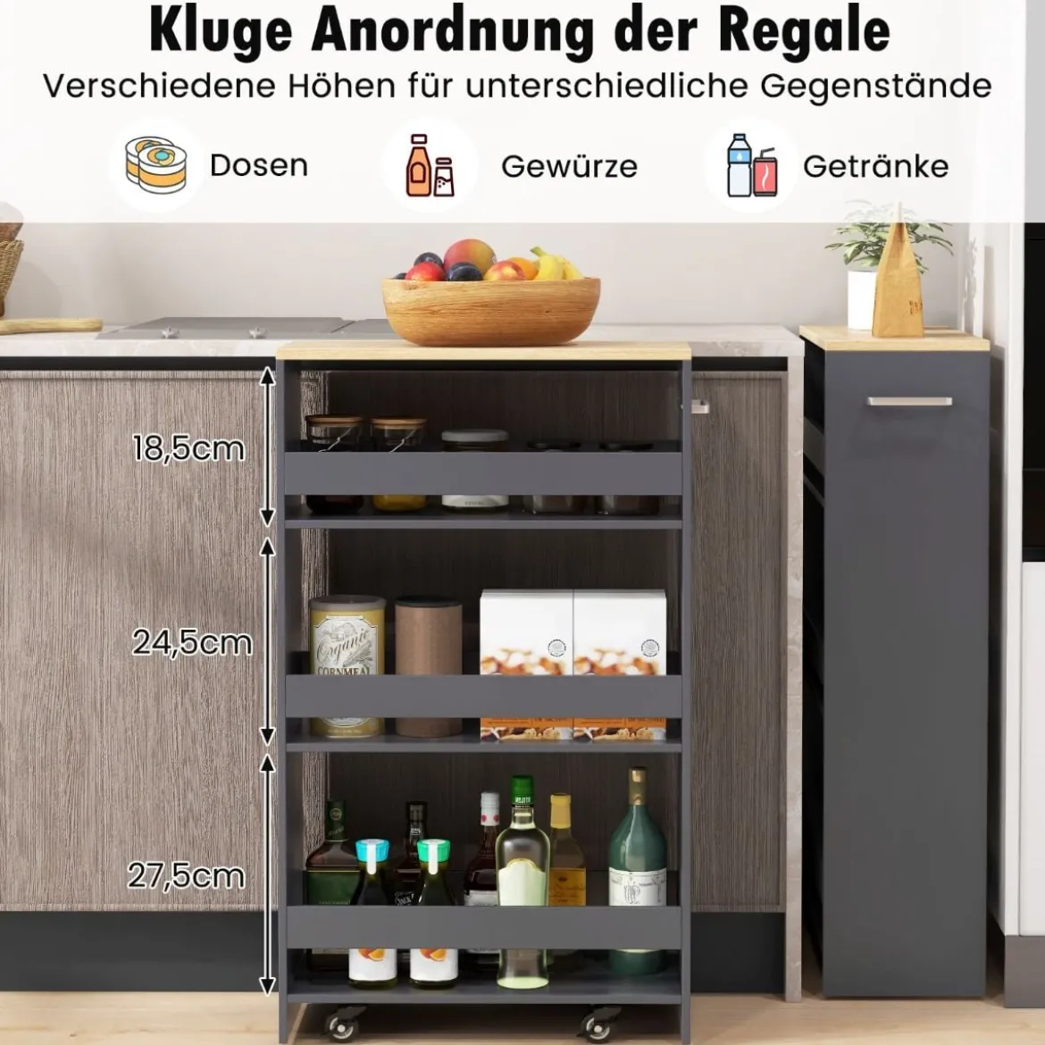 Nischenwagen 20cm breit 4 Etagen Küchenwagen schmal Nischenregal auf Rollen 47,5 x 20 x 80,5 cm