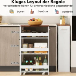 Nischenwagen 20cm breit 4 Etagen Küchenwagen schmal Nischenregal auf Rollen 47,5 x 20 x 80,5 cm