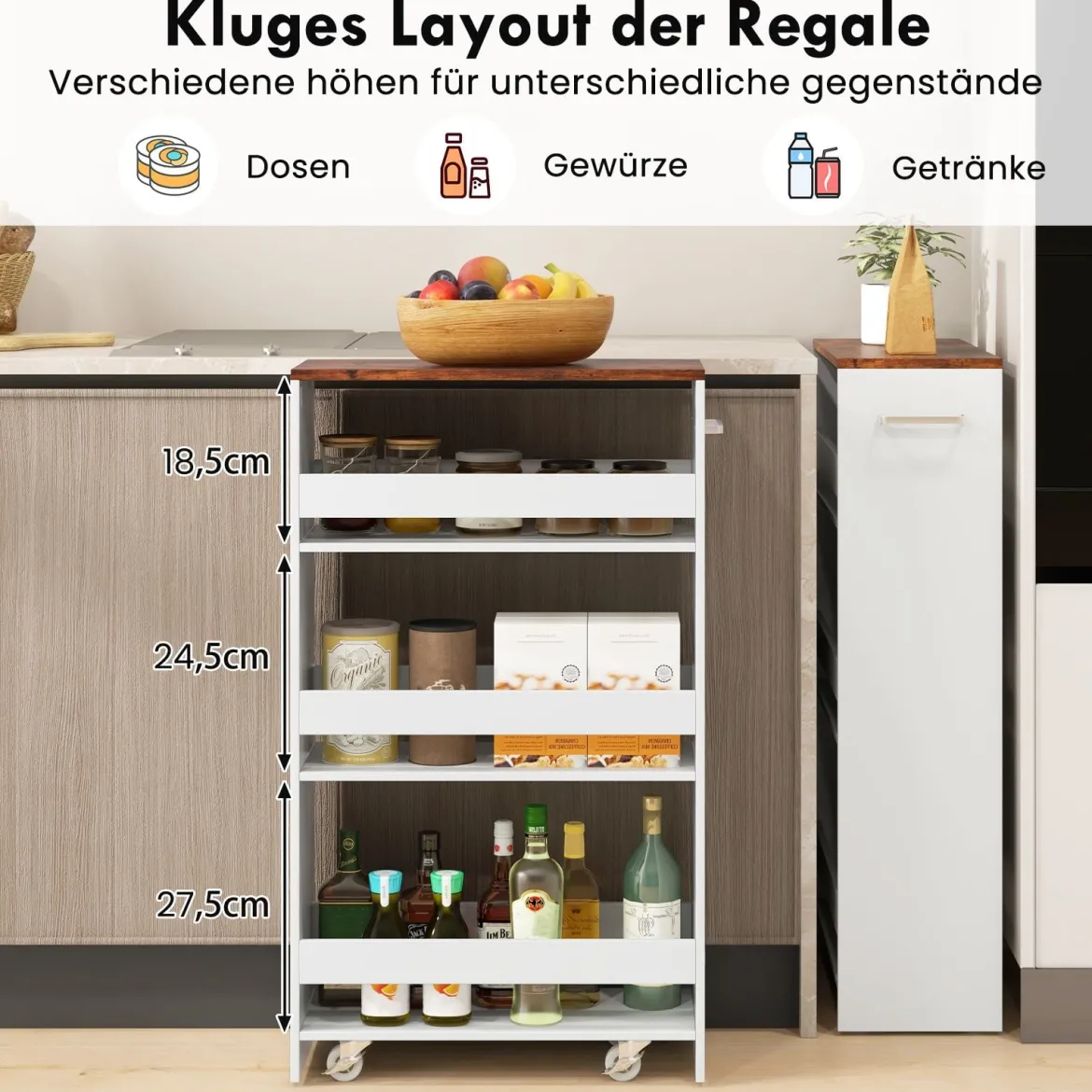 Nischenwagen 20cm breit 4 Etagen Küchenwagen schmal Nischenregal auf Rollen 47,5 x 20 x 80,5 cm