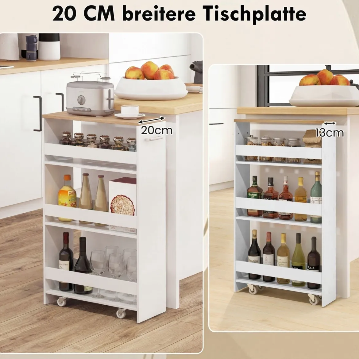 Nischenwagen 20cm breit 4 Etagen Küchenwagen schmal Nischenregal auf Rollen 47,5 x 20 x 80,5 cm