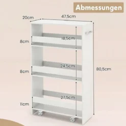Nischenwagen 20cm breit 4 Etagen Küchenwagen schmal Nischenregal auf Rollen 47,5 x 20 x 80,5 cm