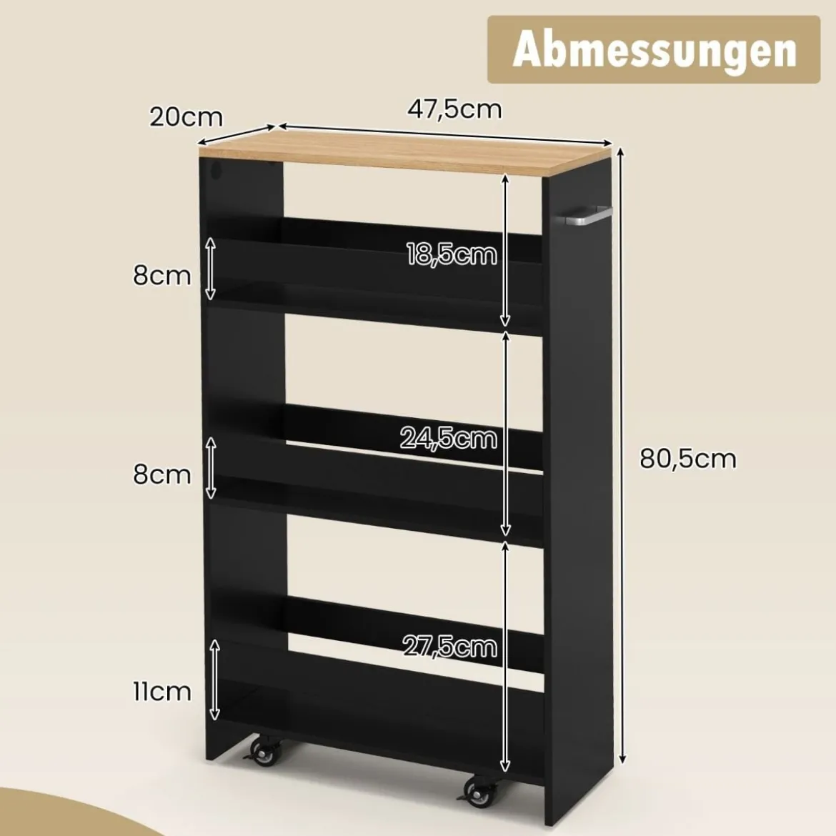 Nischenwagen 20cm breit 4 Etagen Küchenwagen schmal Nischenregal auf Rollen 47,5 x 20 x 80,5 cm