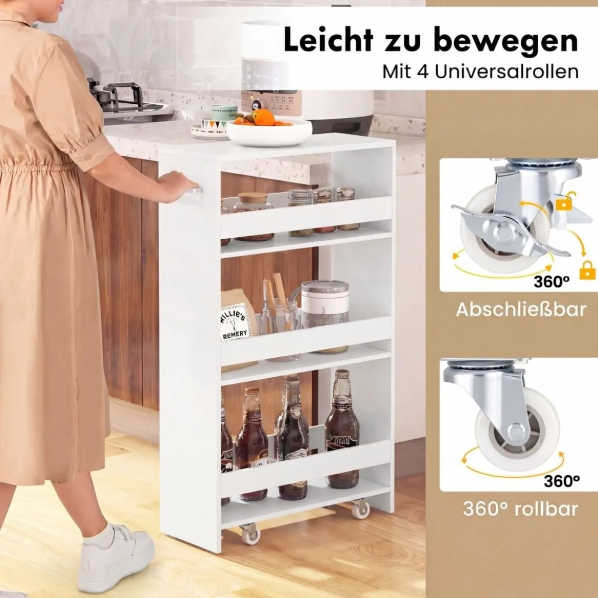 Nischenwagen 20cm breit 4 Etagen Küchenwagen schmal Nischenregal auf Rollen 47,5 x 20 x 80,5 cm