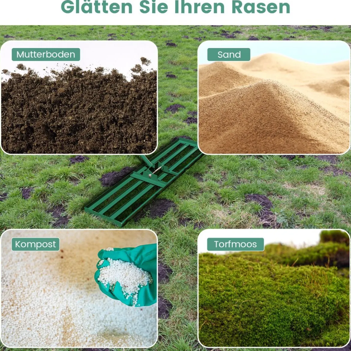 Nivellierrechen mit Ergonomischem Griff Robustes Rasenwerkzeug Levelingrake Flächenebner 106 x 25 cm