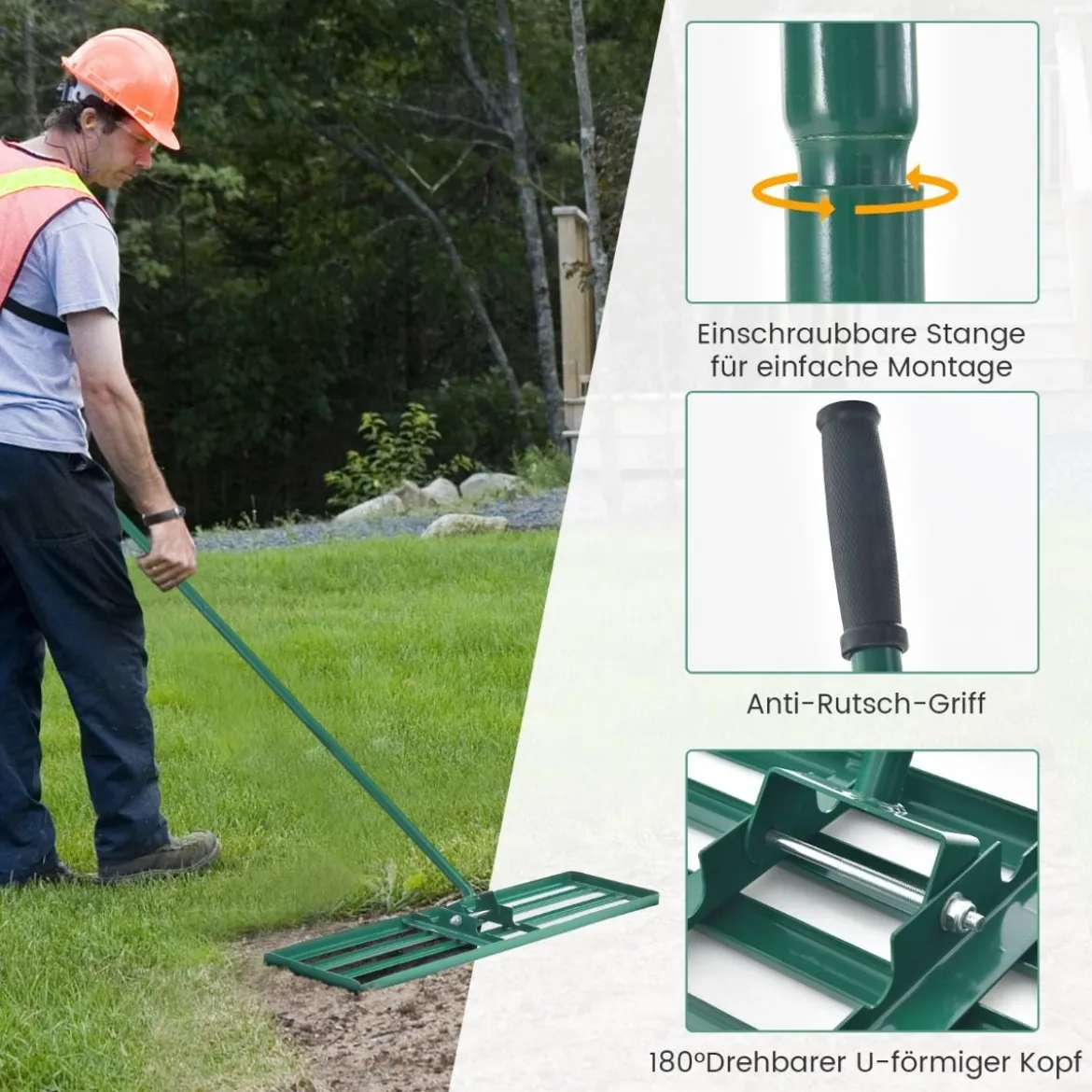 Nivellierrechen mit Ergonomischem Griff Robustes Rasenwerkzeug Levelingrake Flächenebner 106 x 25 cm