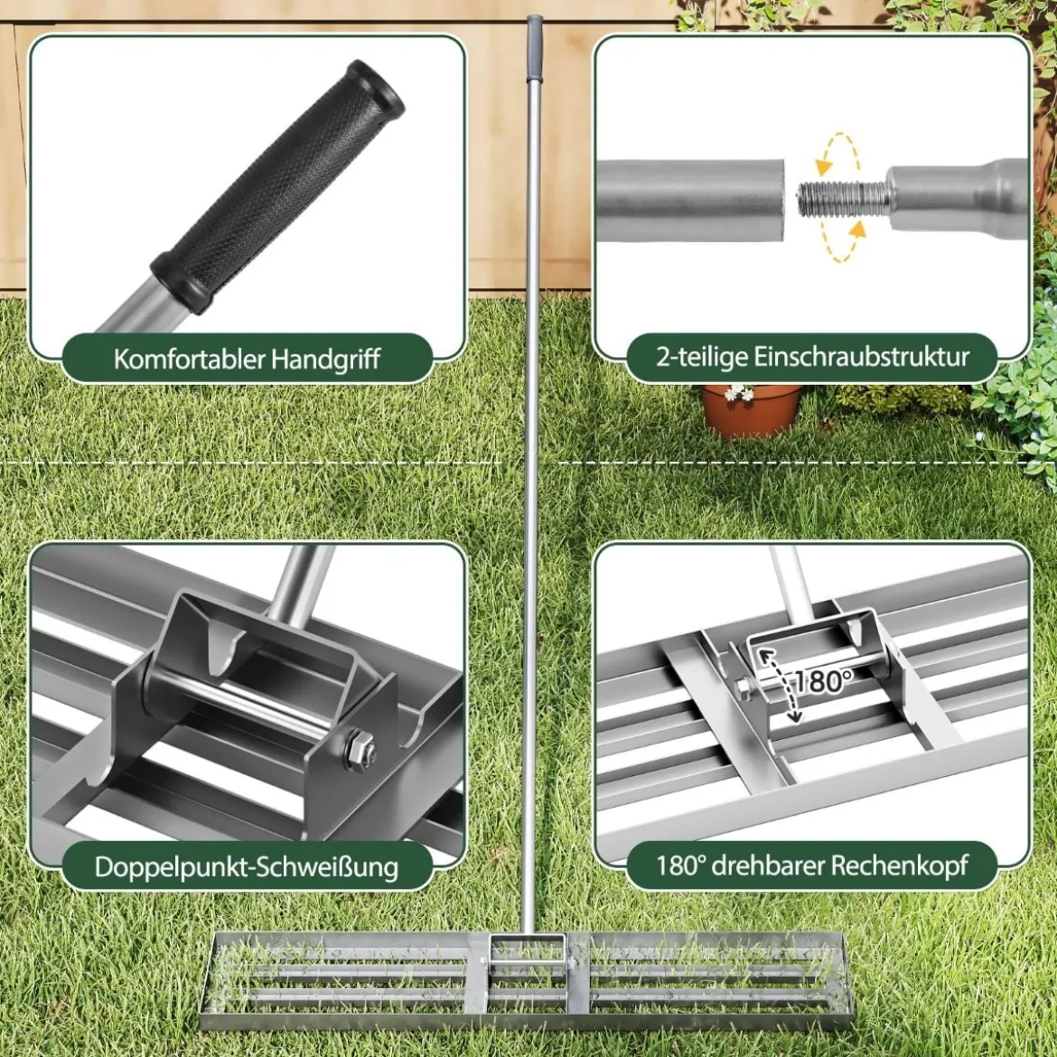 Nivellierrechen mit Ergonomischem Griff Robustes Rasenwerkzeug Levelingrake Flächenebner 106 x 25 cm