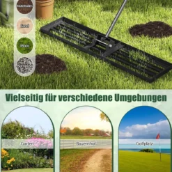 Nivellierrechen mit Ergonomischem Griff Robustes Rasenwerkzeug Levelingrake Flächenebner 106 x 25 cm