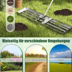 Nivellierrechen mit Ergonomischem Griff Robustes Rasenwerkzeug Levelingrake Flächenebner 106 x 25 cm