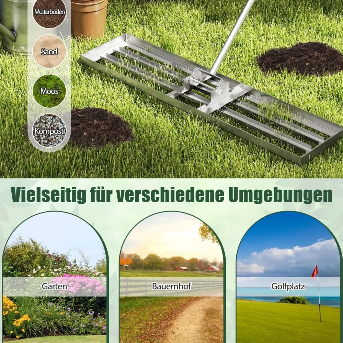 Nivellierrechen mit Ergonomischem Griff Robustes Rasenwerkzeug Levelingrake Flächenebner 106 x 25 cm