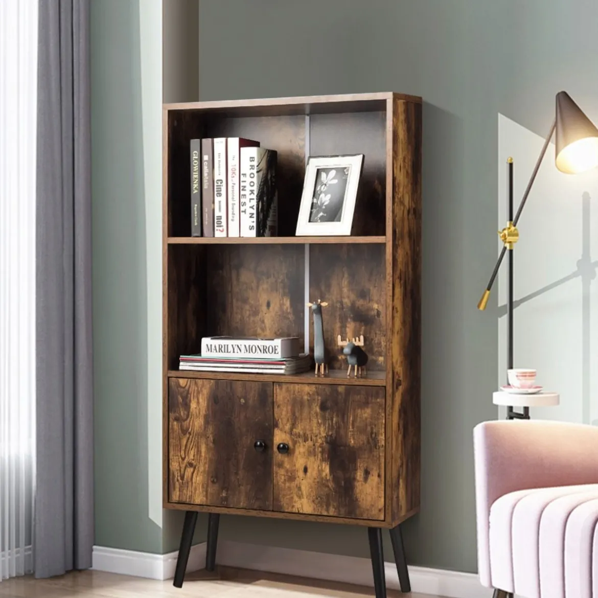 Nostalgie Bücherregal mit 3 Regalbrettern & 2 Türen & Soliden Holzbeinen für Wohnzimmer Büro Braun