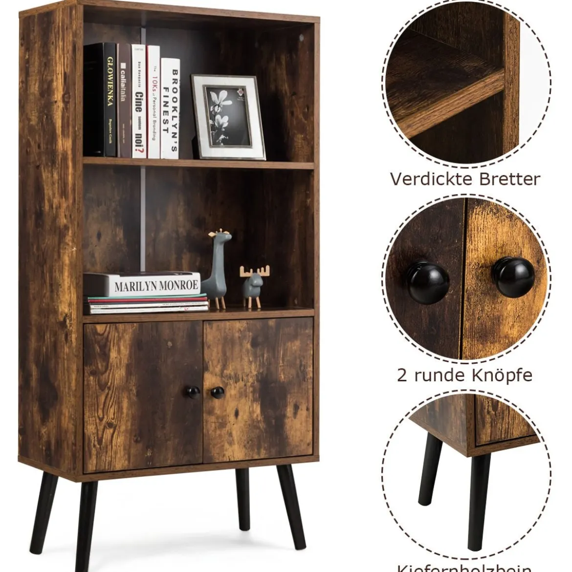 Nostalgie Bücherregal mit 3 Regalbrettern & 2 Türen & Soliden Holzbeinen für Wohnzimmer Büro Braun