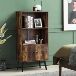 Nostalgie Bücherregal mit 3 Regalbrettern & 2 Türen & Soliden Holzbeinen für Wohnzimmer Büro Braun