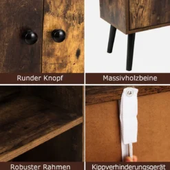 Nostalgie Bücherregal mit 3 Regalbrettern & 2 Türen & Soliden Holzbeinen für Wohnzimmer Büro Braun