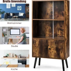 Nostalgie Bücherregal mit 3 Regalbrettern & 2 Türen & Soliden Holzbeinen für Wohnzimmer Büro Braun