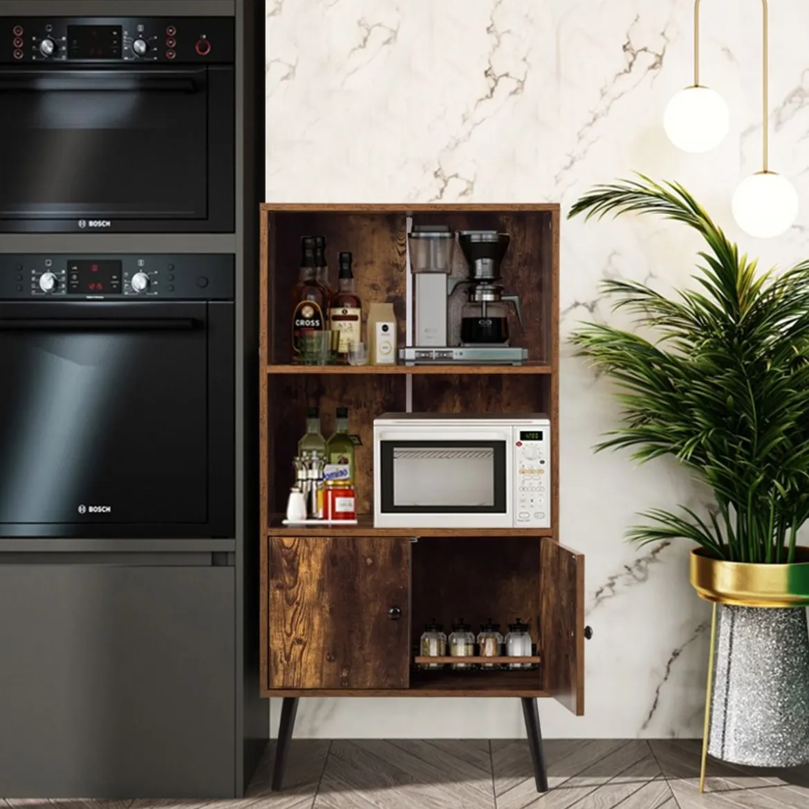 Nostalgie Bücherregal mit 3 Regalbrettern & 2 Türen & Soliden Holzbeinen für Wohnzimmer Büro Braun