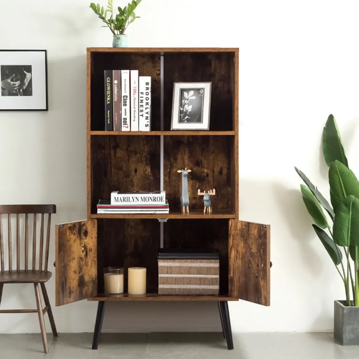 Nostalgie Bücherregal mit 3 Regalbrettern & 2 Türen & Soliden Holzbeinen für Wohnzimmer Büro Braun
