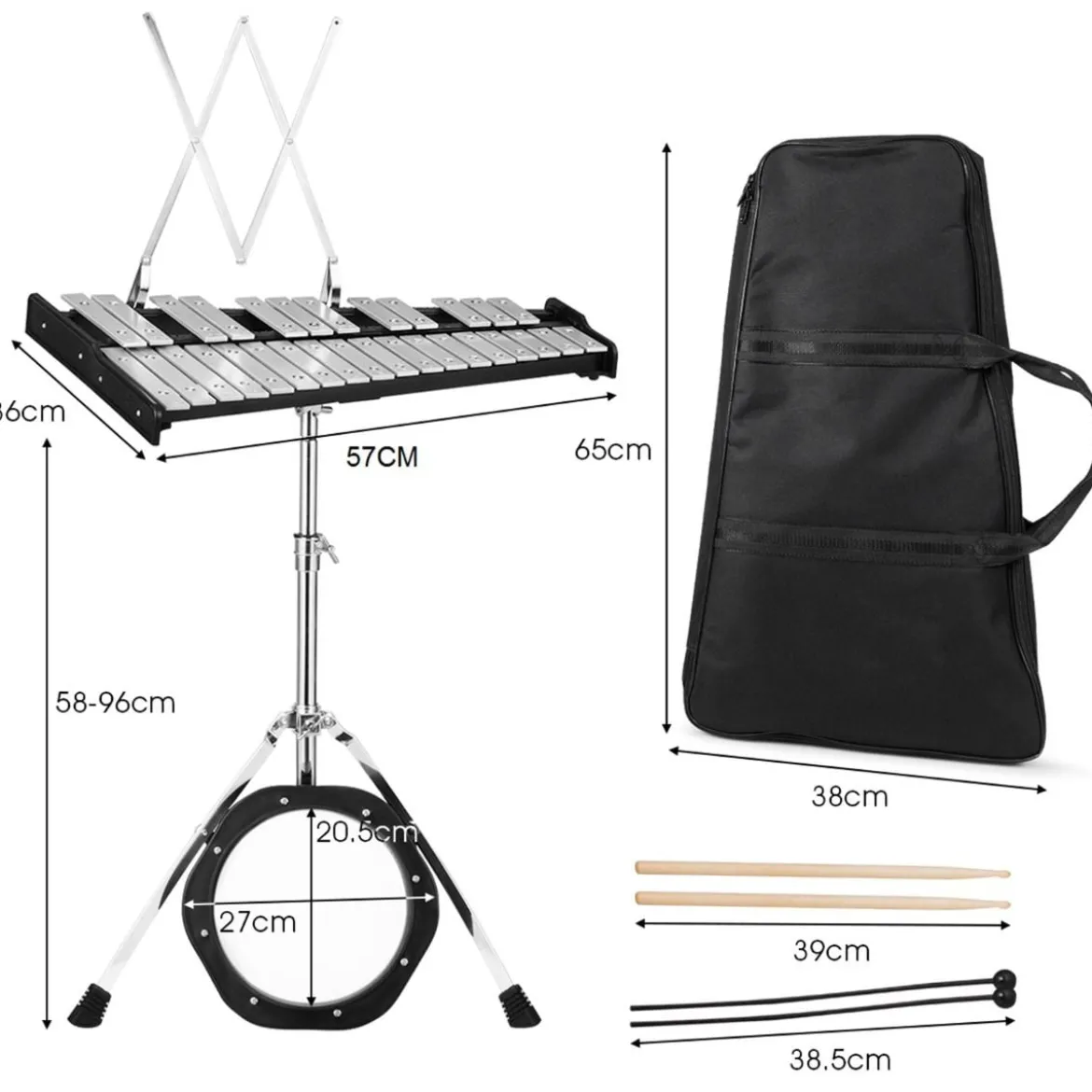 30 Noten Xylophon mit Schlägel & Drumsticks & Höhenverstellbarer Ständer Glockenspiel Set