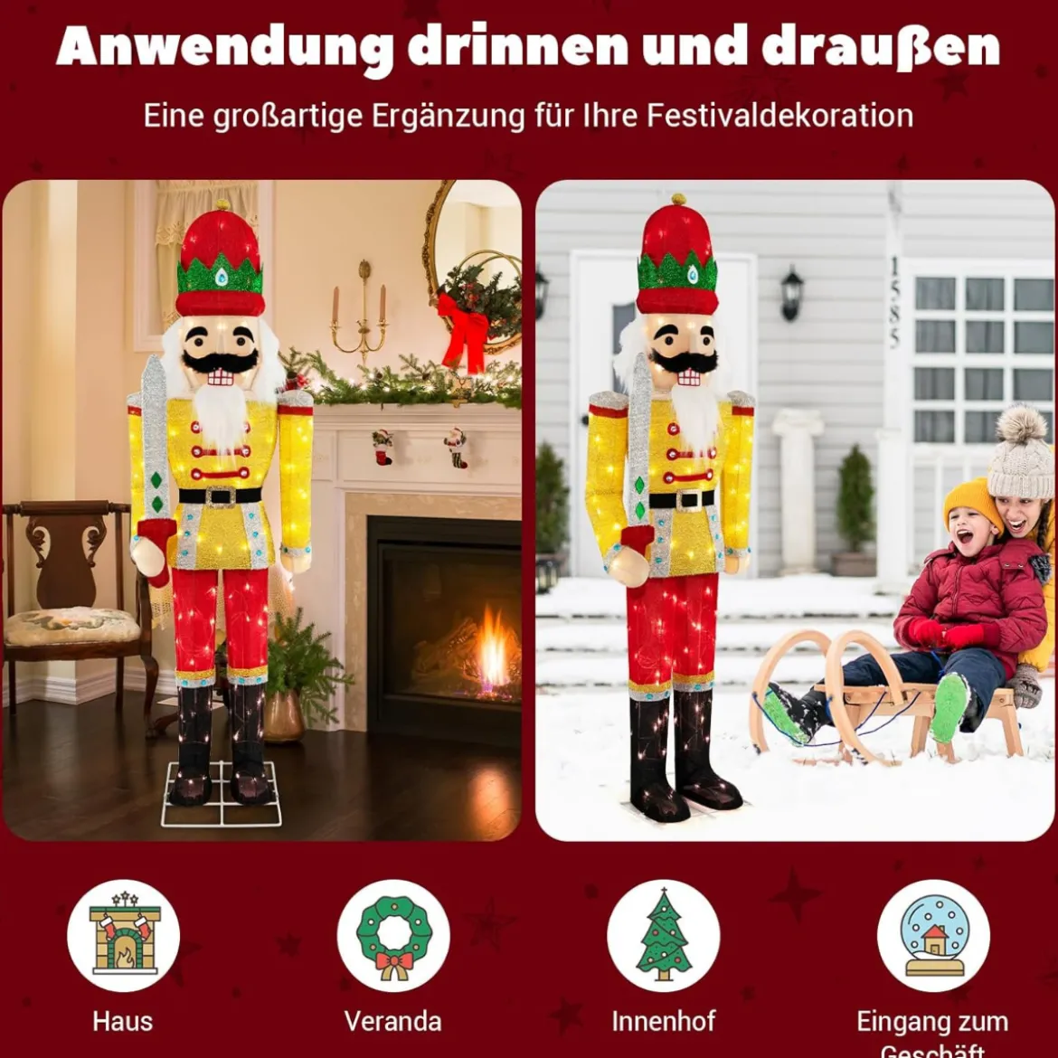 Nussknacker-Soldat 166 cm Hohe Lebensgroße beleuchtete Nussknacker-Figur Gelb + Rot