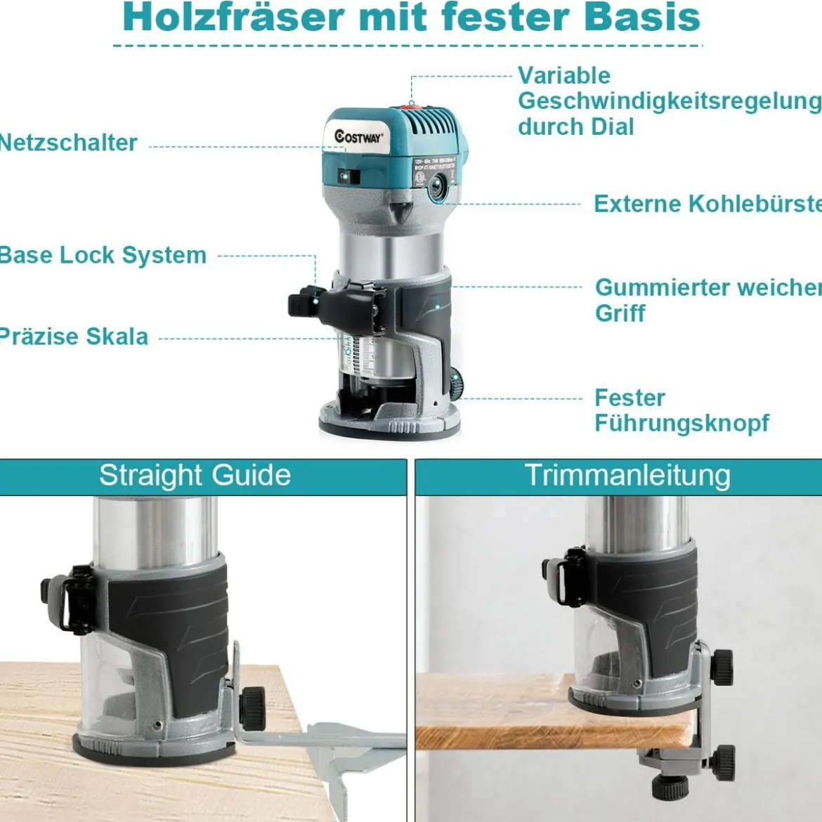 Oberfräse Kantenfräse elektrische Handfräse Fräsmaschine 4 verschiedenen Sockeln